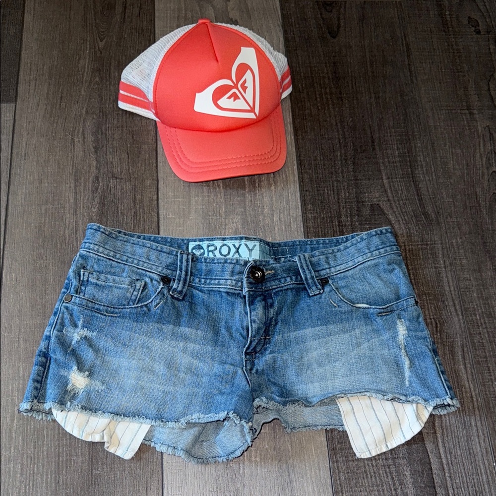 Roxy Blue Denim Shorts and Red Cap